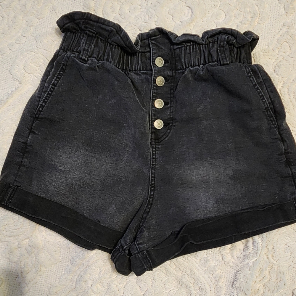 Black High-Waisted Button Paperbag Shorts 7-9